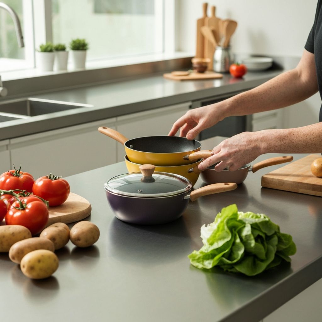 Cookware being arranged on a kitchen counter